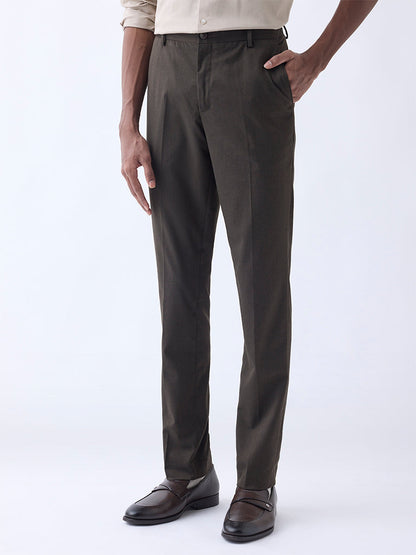 WES Formals Brown Ultra Slim-Fit Mid-Rise Trousers