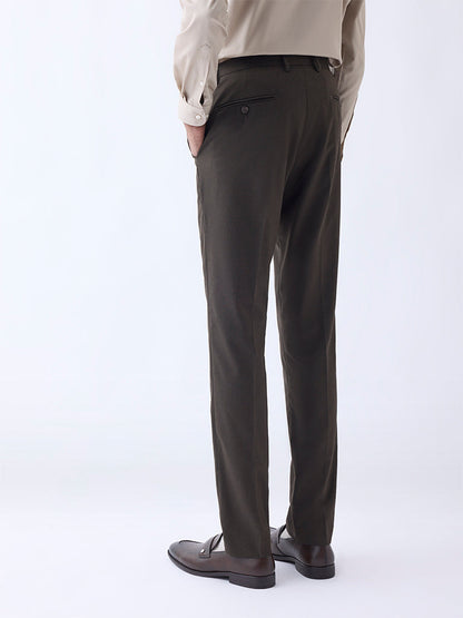 WES Formals Brown Ultra Slim-Fit Mid-Rise Trousers