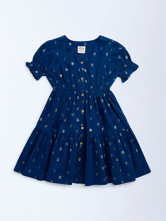 Utsa Kids Dark Blue Badla Pattern Fit-and-Flare Cotton-Blend Dress - (2-8yrs)