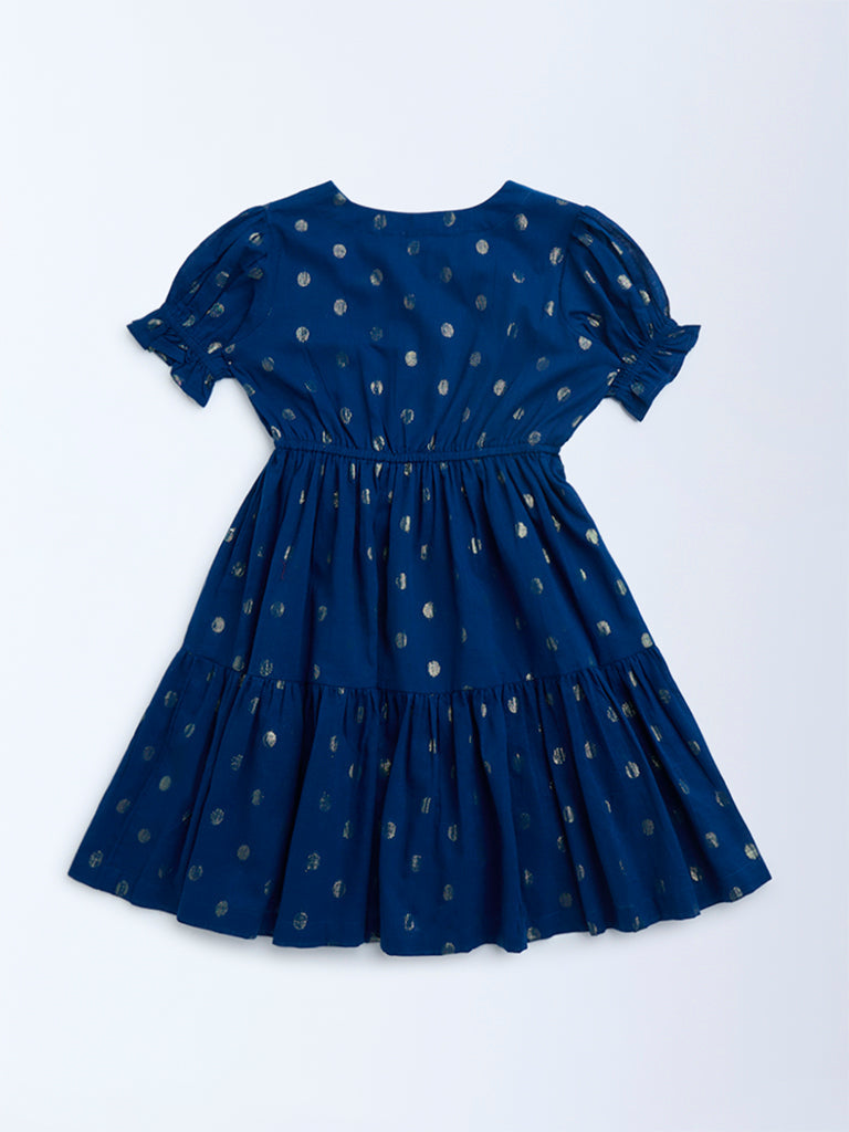 Utsa Kids Dark Blue Badla Pattern Fit-and-Flare Cotton-Blend Dress - (2-8yrs)