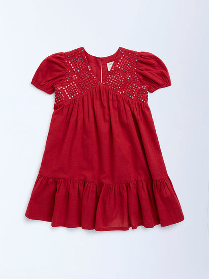 Utsa Kids Red Mirror-Work Detailed Cotton Tiered Dress - (2-8yrs)