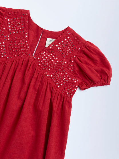 Utsa Kids Red Mirror-Work Detailed Cotton Tiered Dress - (2-8yrs)