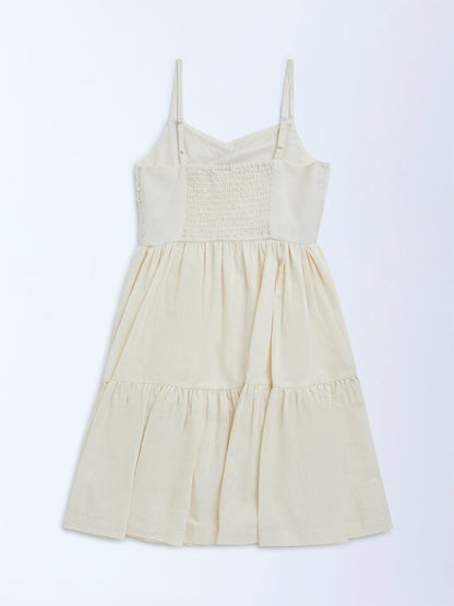 Utsa Kids Off-White Mirror-Work Detailed Cotton Tiered Dress - (8-14yrs)