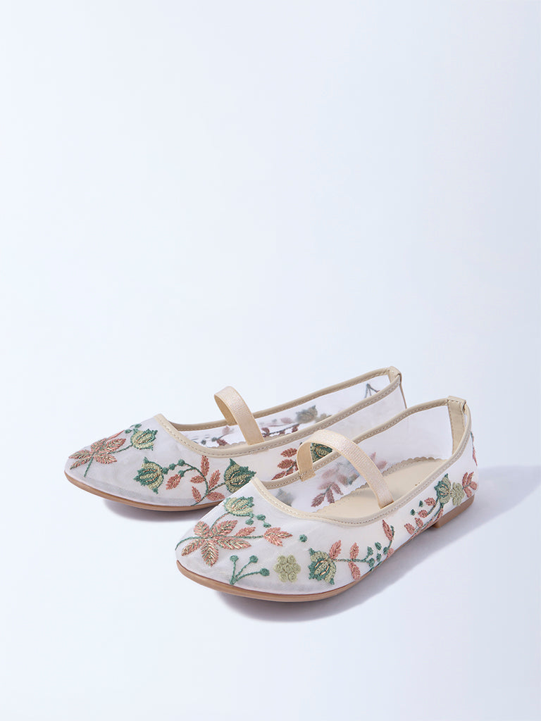 Yellow Ivory Floral Embroidered Mesh Ballerina
