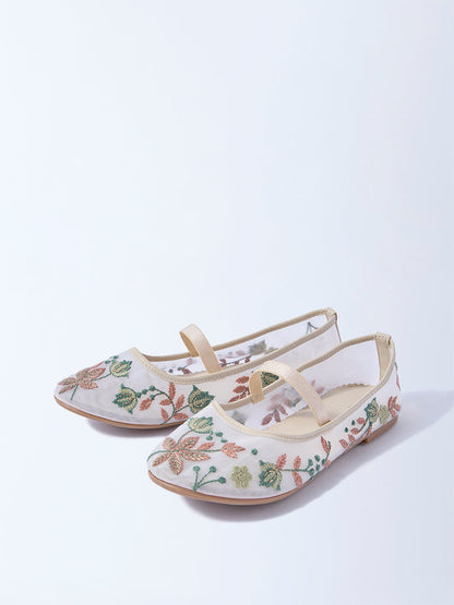 Yellow Ivory Floral Embroidered Mesh Ballerina