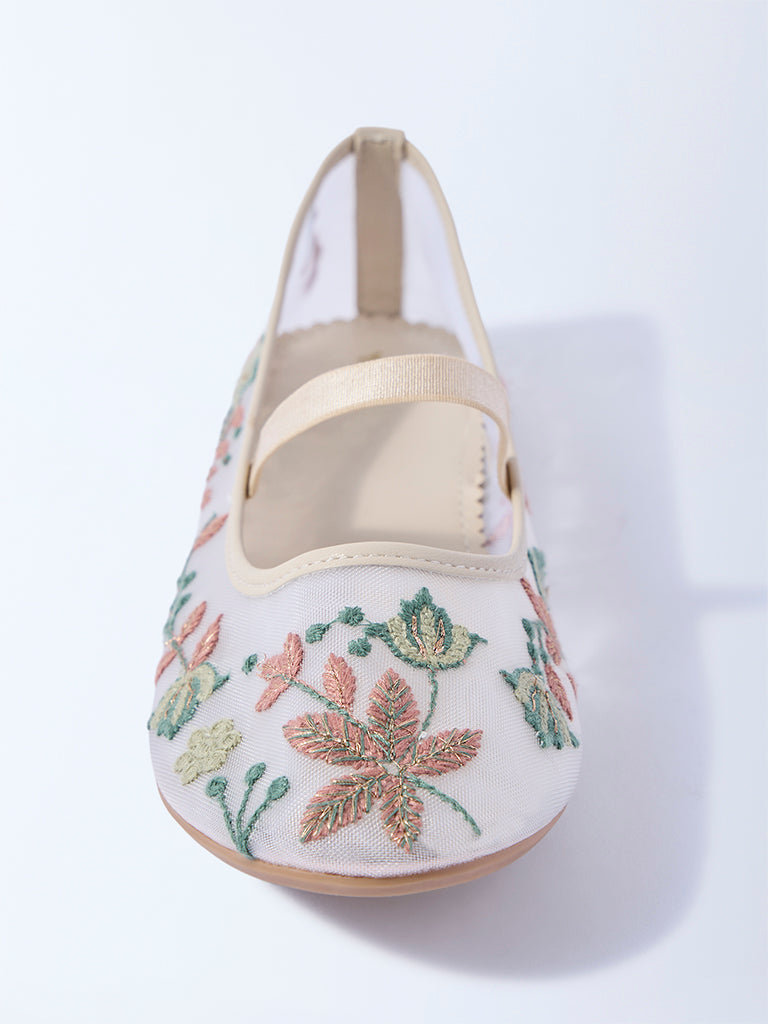Yellow Ivory Floral Embroidered Mesh Ballerina