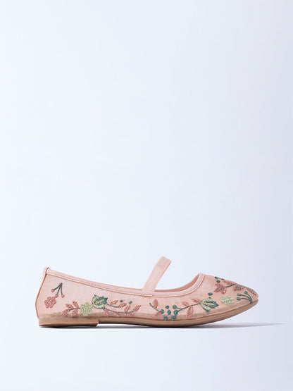 Yellow Peach Floral Embroidered Mesh Ballerina