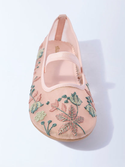 Yellow Peach Floral Embroidered Mesh Ballerina