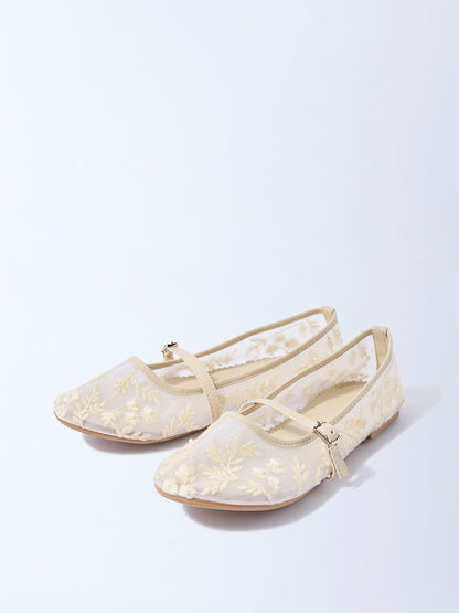 Yellow Ivory Mesh Floral Embroidered Mary Jane Shoes