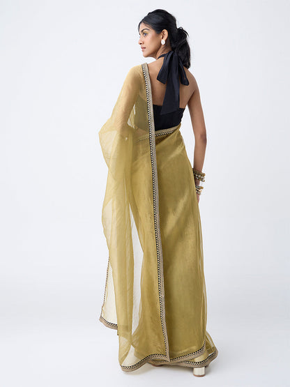Vark Olive Ready-To-Wear Saree with Ethnic Blouse Set