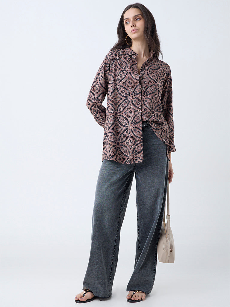 Utsa Brown Leaf Design Tunic