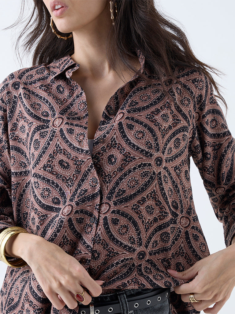 Utsa Brown Leaf Design Tunic
