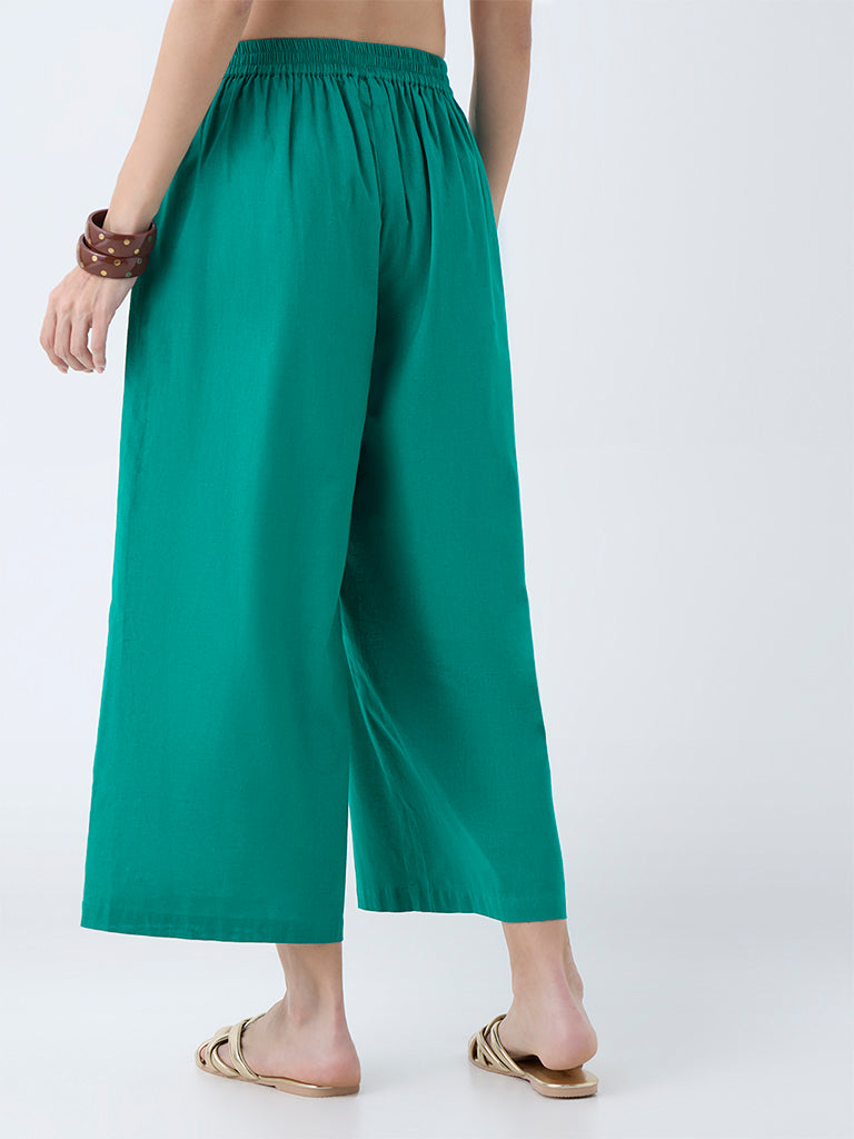 Utsa Green Solid Cotton-Blend Ethnic Pants