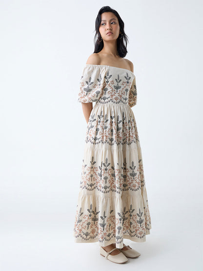 Bombay Paisley Off-White Foliage Cotton Off-Shoulder Dress