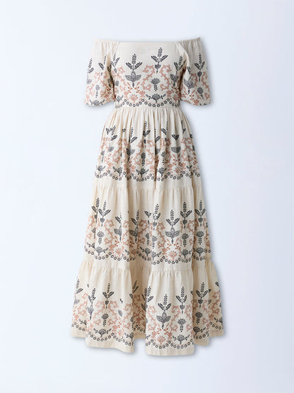 Bombay Paisley Off-White Foliage Cotton Off-Shoulder Dress