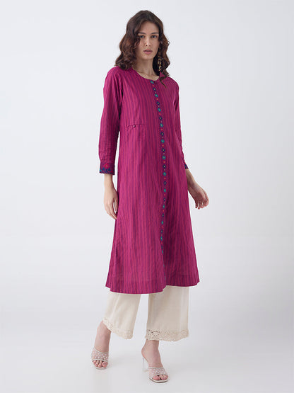 Utsa Magenta Striped Cotton A-Line Kurta