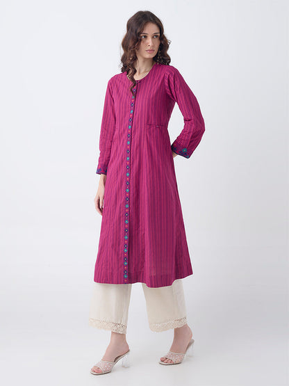 Utsa Magenta Striped Cotton A-Line Kurta