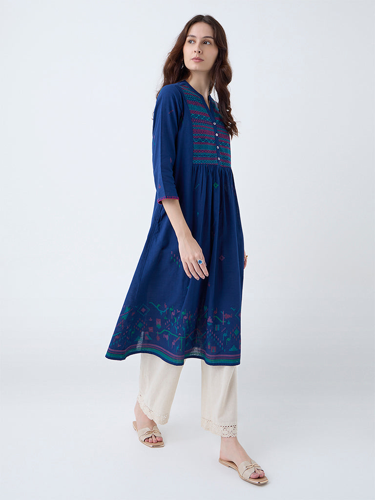 Utsa Indigo Embroidered Cotton A-Line Kurta