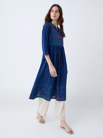 Utsa Indigo Embroidered Cotton A-Line Kurta