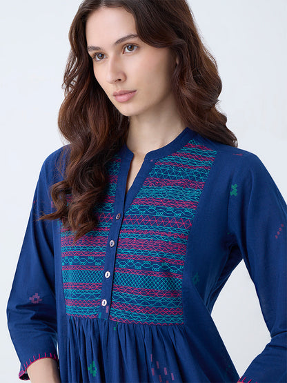 Utsa Indigo Embroidered Cotton A-Line Kurta