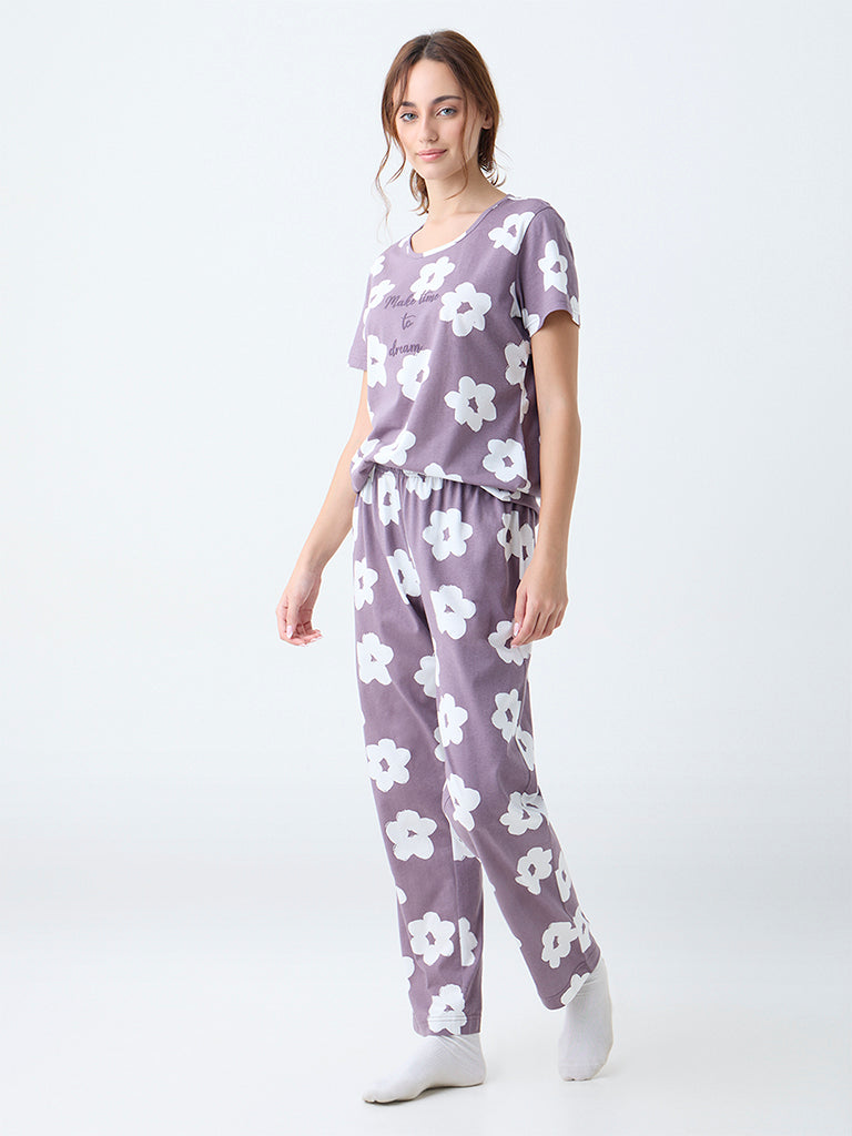 Wunderlove Mauve Floral Pattern Cotton Pyjama Set In A Bag