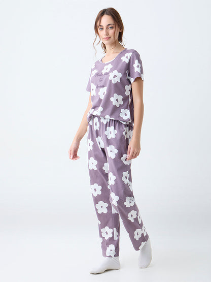 Wunderlove Mauve Floral Pattern Cotton Pyjama Set In A Bag
