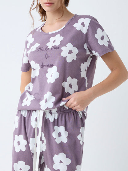 Wunderlove Mauve Floral Pattern Cotton Pyjama Set In A Bag
