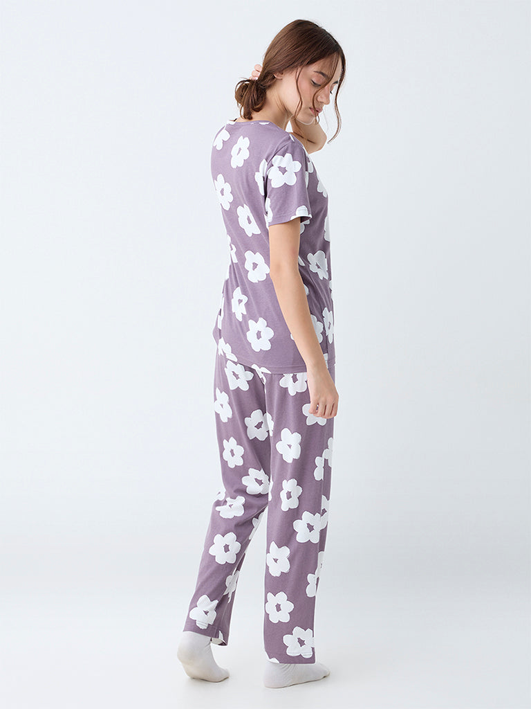 Wunderlove Mauve Floral Pattern Cotton Pyjama Set In A Bag