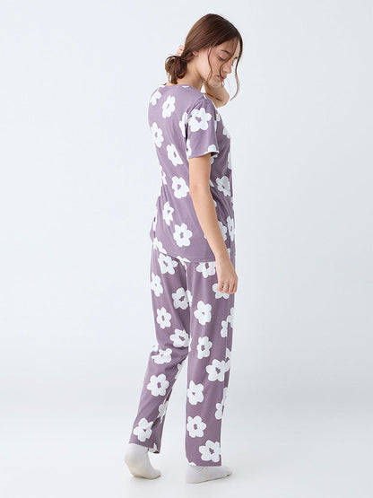 Wunderlove Mauve Floral Pattern Cotton Pyjama Set In A Bag