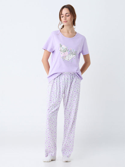 Wunderlove Lilac Printed Cotton Pyjama Set In A Bag