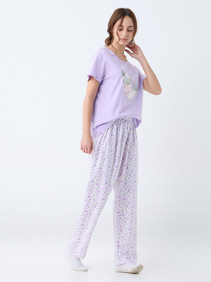 Wunderlove Lilac Printed Cotton Pyjama Set In A Bag