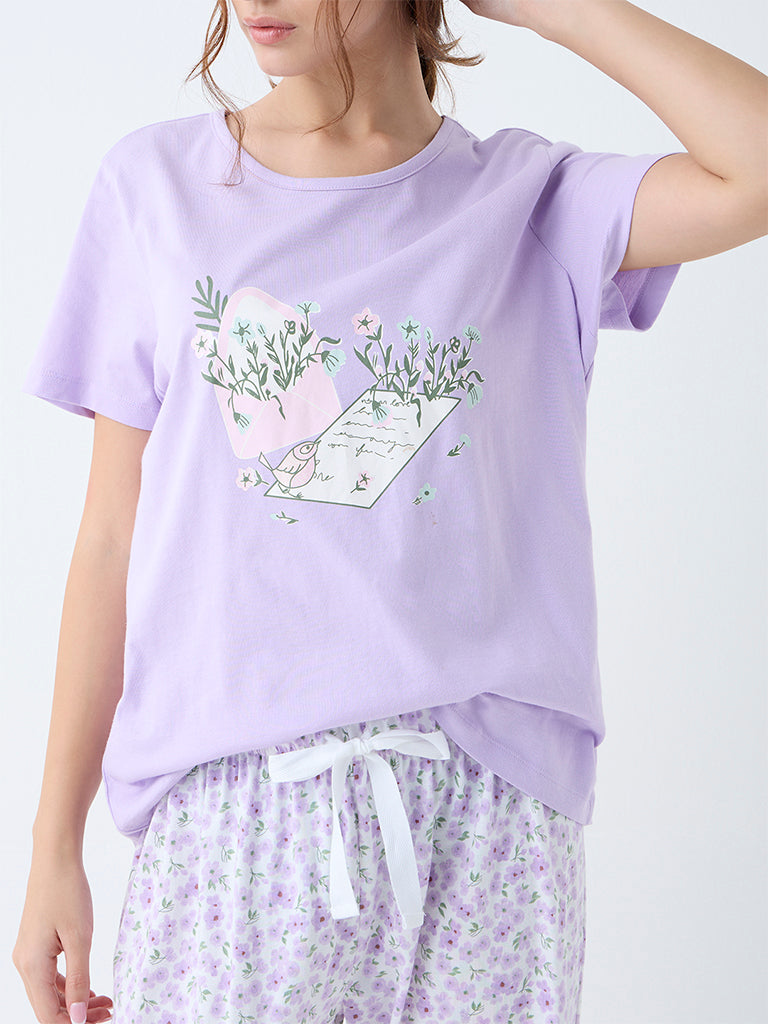Wunderlove Lilac Printed Cotton Pyjama Set In A Bag
