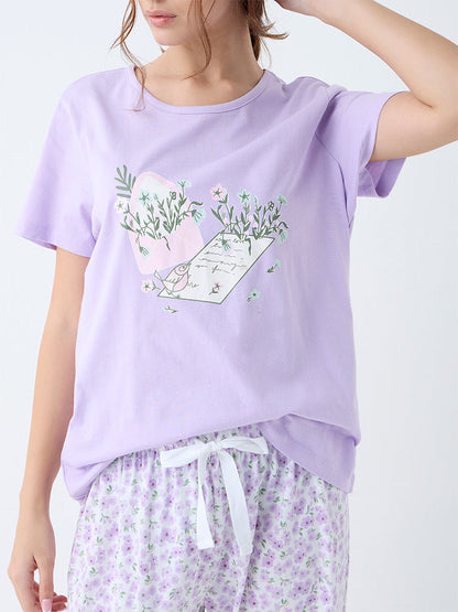 Wunderlove Lilac Printed Cotton Pyjama Set In A Bag