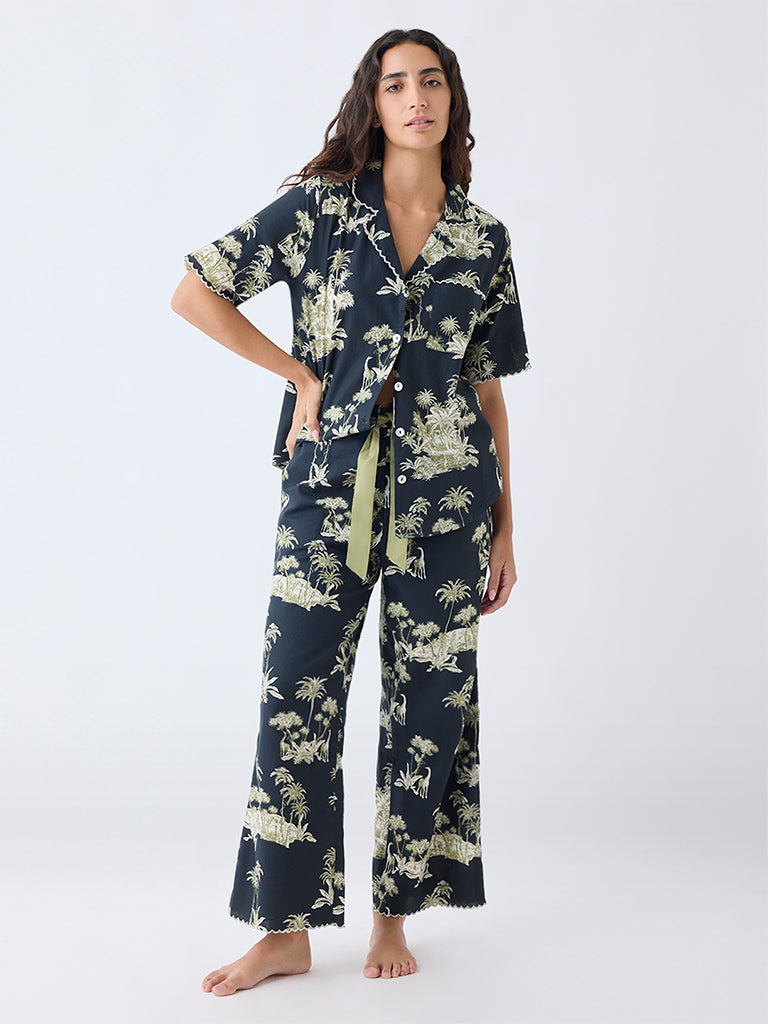 Wunderlove Black Cotton Shirt and Pyjamas Set