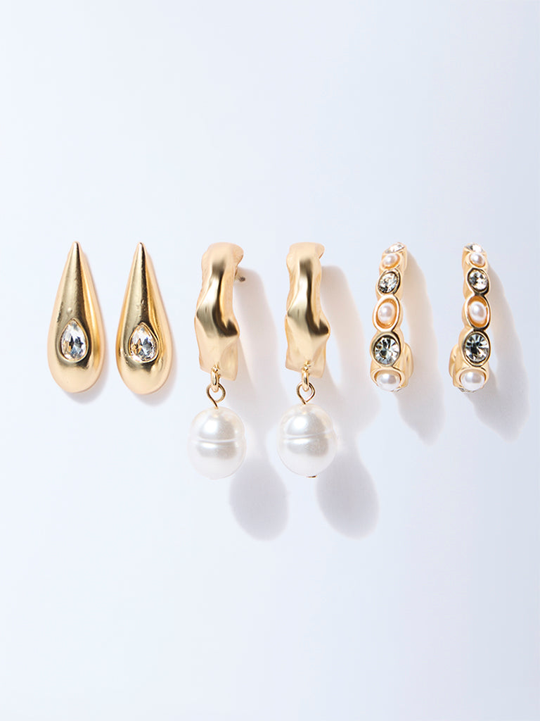 Westside Accessories Gold Pearl and Gemstone Detailed Stud & Half Hoop Earrings Set - Pack of 3