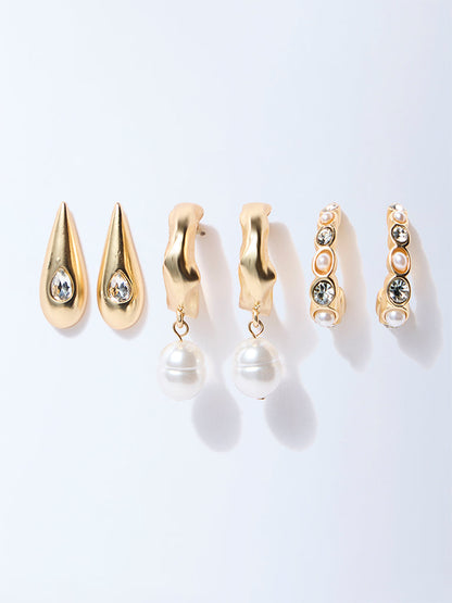 Westside Accessories Gold Pearl and Gemstone Detailed Stud & Half Hoop Earrings Set - Pack of 3