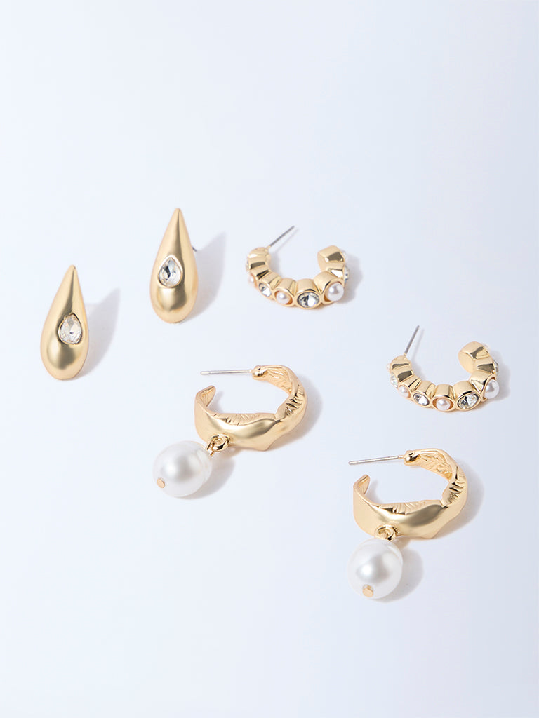 Westside Accessories Gold Pearl and Gemstone Detailed Stud & Half Hoop Earrings Set - Pack of 3