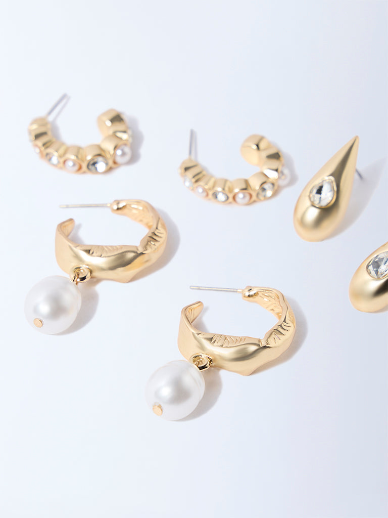 Westside Accessories Gold Pearl and Gemstone Detailed Stud & Half Hoop Earrings Set - Pack of 3