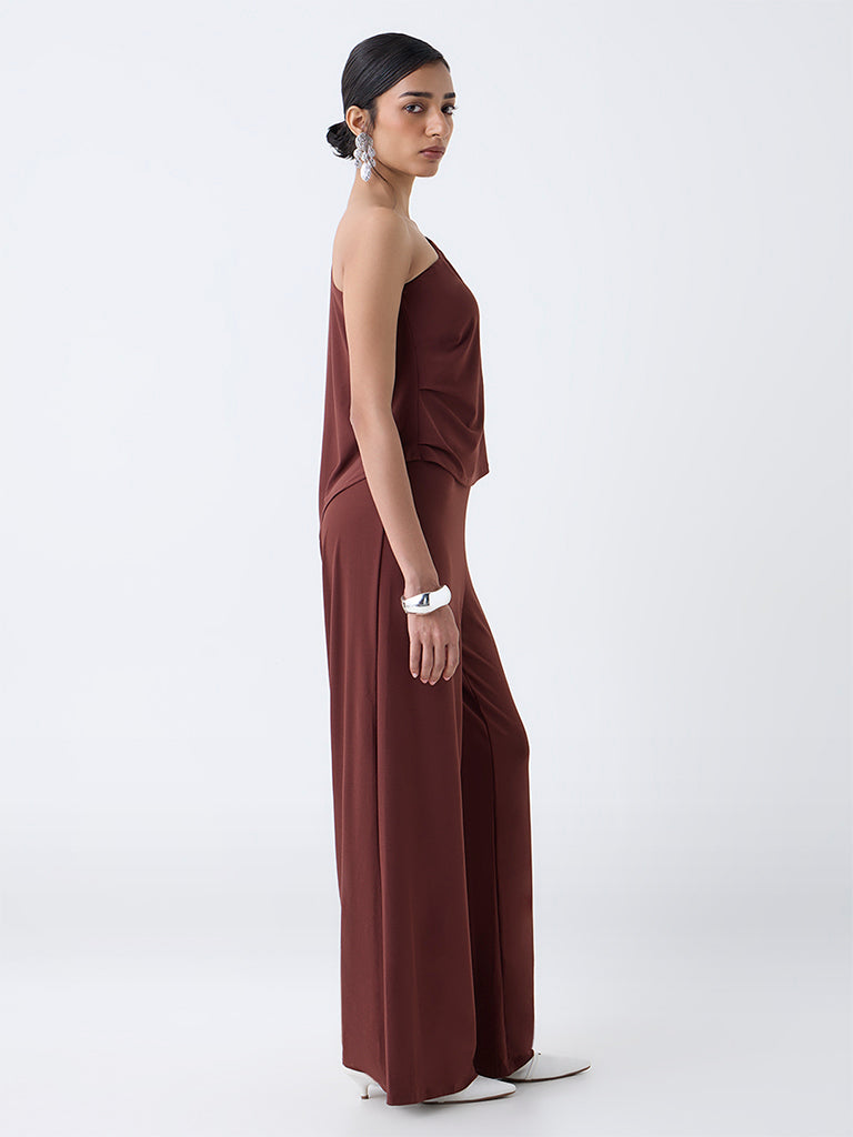 Wardrobe Brown Solid One-Shoulder Jumpsuit