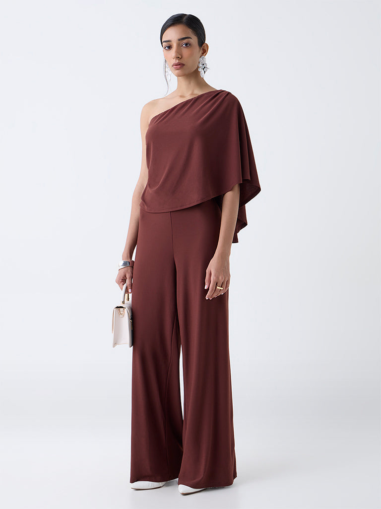 Wardrobe Brown Solid One-Shoulder Jumpsuit