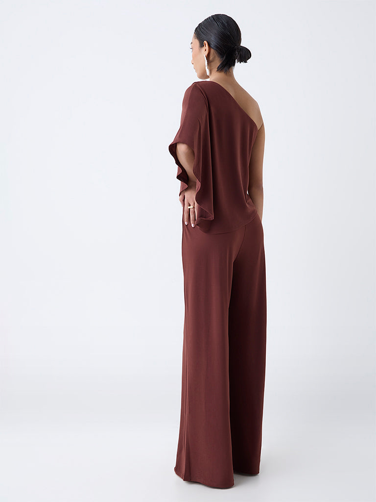 Wardrobe Brown Solid One-Shoulder Jumpsuit