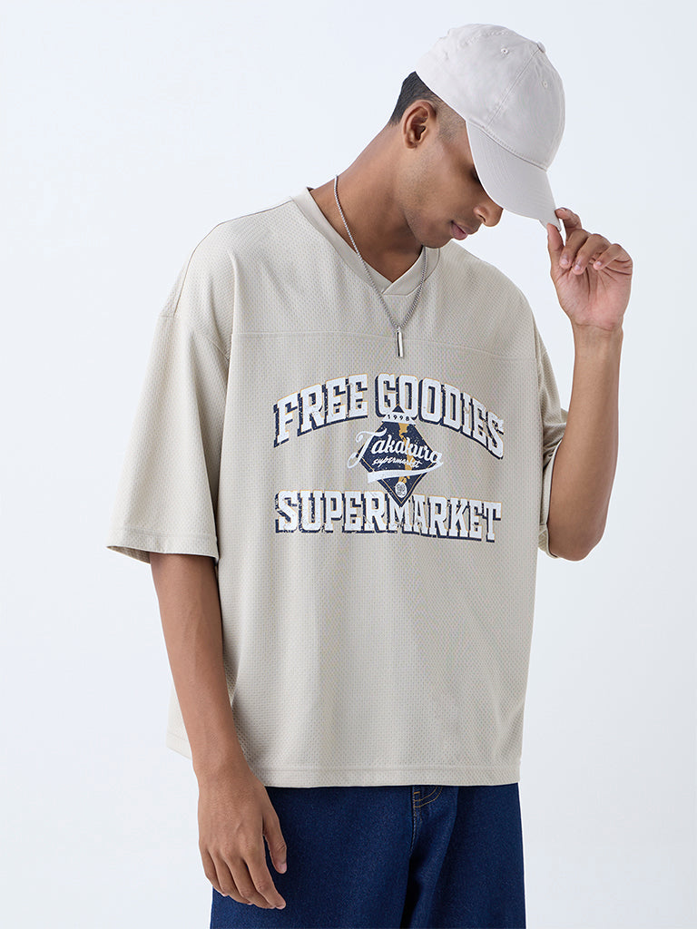 Nuon Beige Typographic Relaxed-Fit T-Shirt