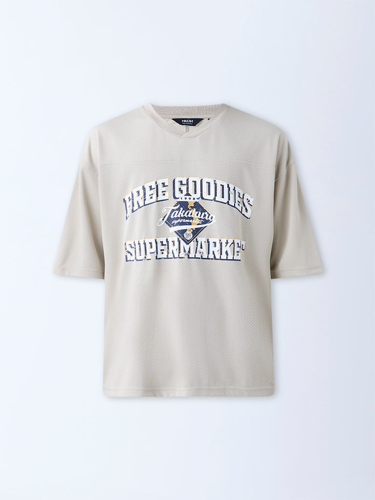 Nuon Beige Typographic Relaxed-Fit T-Shirt