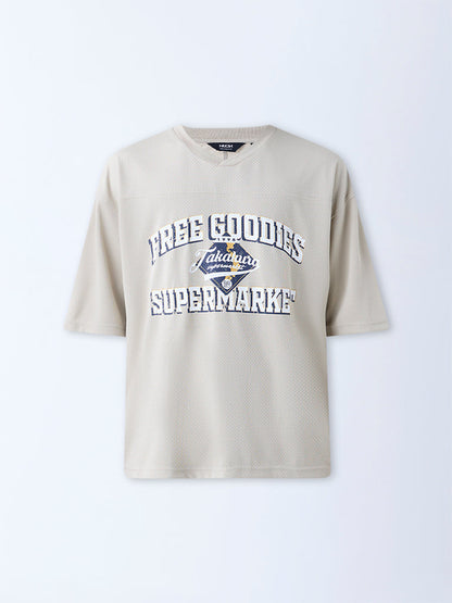 Nuon Beige Typographic Relaxed-Fit T-Shirt