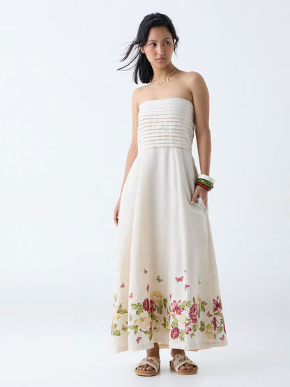 Bombay Paisley Off-White Floral Design Cotton Tube Dress