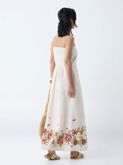 Bombay Paisley Off-White Floral Design Cotton Tube Dress