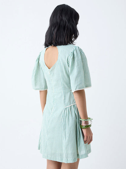 Bombay Paisley Green Floral Detailed Cotton A-Line Dress