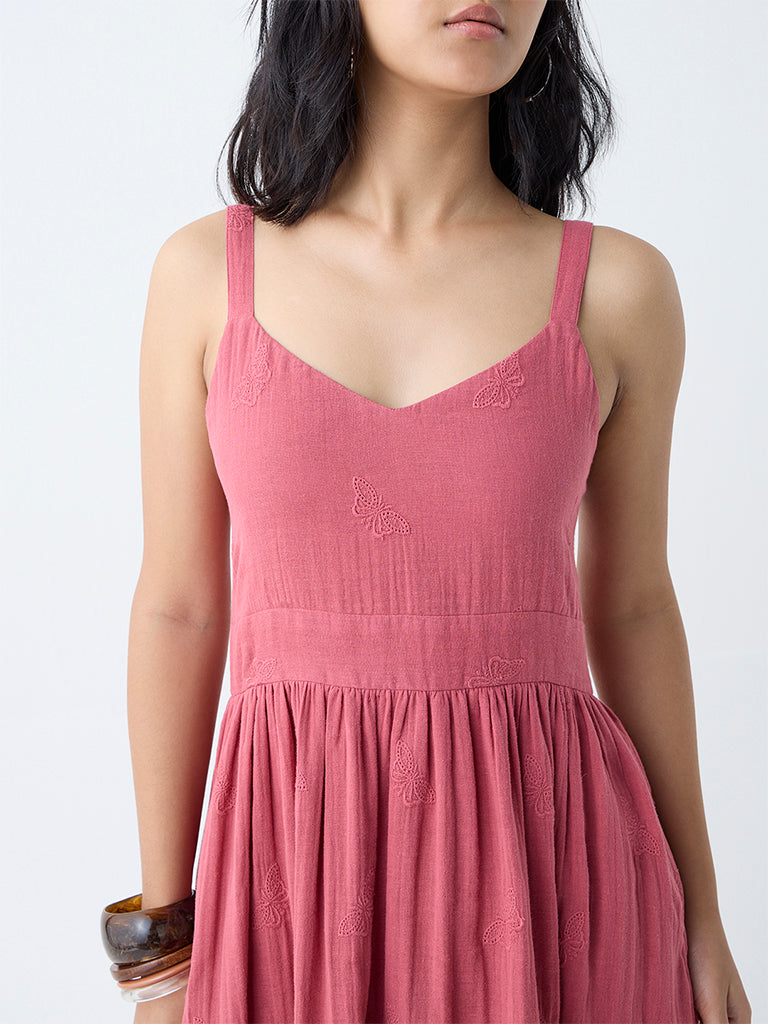 Bombay Paisley Dusty Pink Embroidered Cotton A-Line Dress