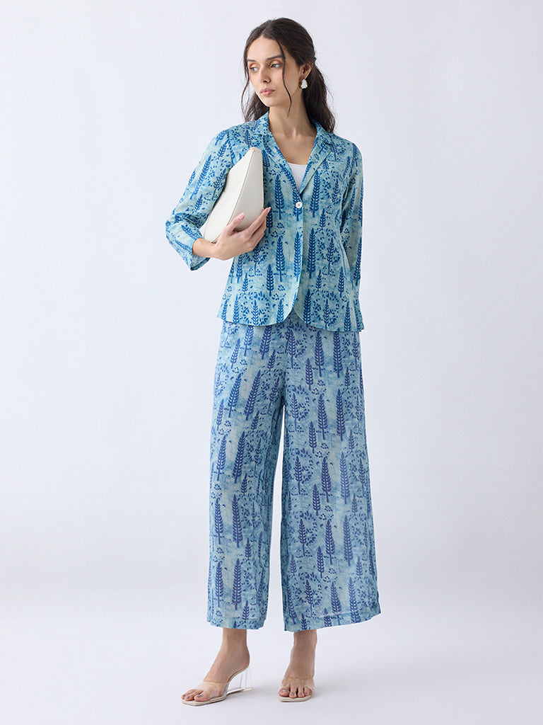 Utsa Blue Botanical Printed Cotton Jacket