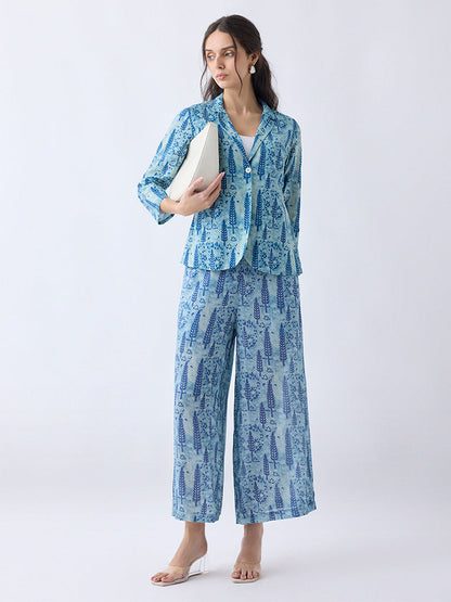 Utsa Blue Botanical Printed Cotton Jacket